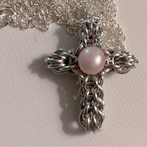 Pink Pearl Cross in Platinum Handmade Chainmaille Necklace